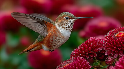 Fototapeta premium A hummingbird hovers near a red flower, its wings moving fast against a green background. 