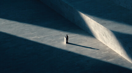 An isolated towering lectern with a microphone in the center of a vast empty square. 