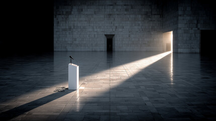 An isolated towering lectern with a microphone in the center of a vast empty square. 
