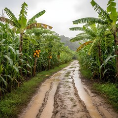 palm trees on the road, muddy roads