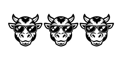 Cool Cow Head with Sunglasses - Black and White Vector Logo Illustrations Set