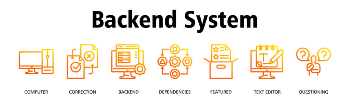Backend System banner web icon vector illustration concept with icon of Computer, Correction, Backend, Dependencies, Featured, Text Editor, Questioning
