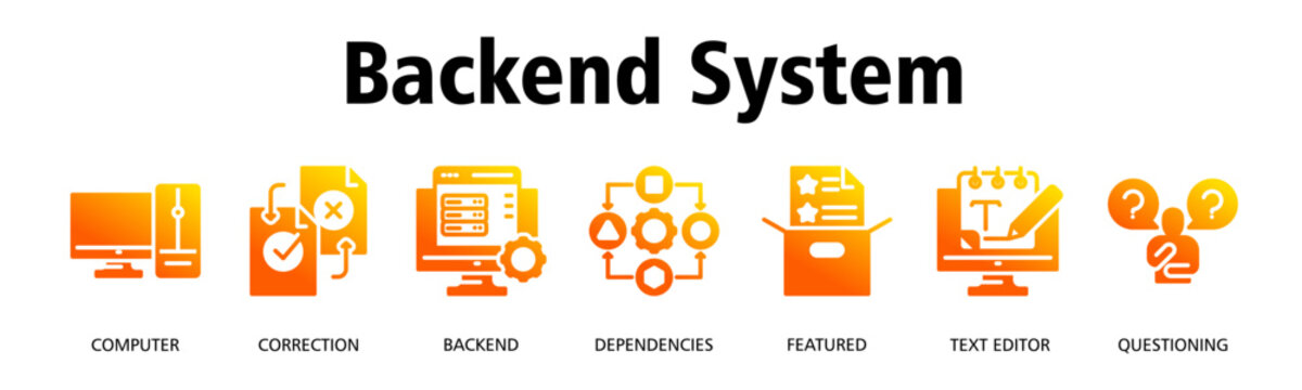 Backend System banner web icon vector illustration concept with icon of Computer, Correction, Backend, Dependencies, Featured, Text Editor, Questioning
