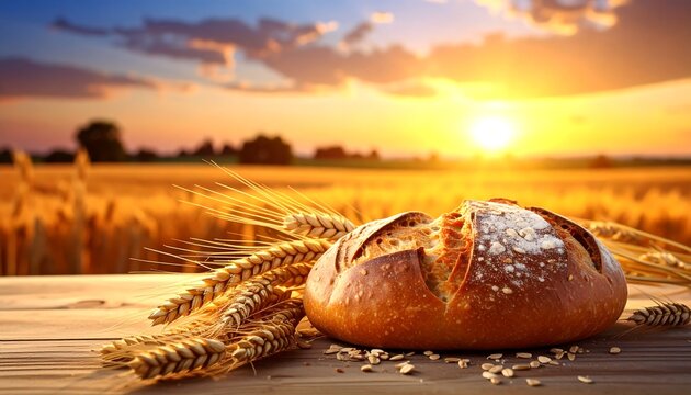 Golden sunset casts a warm glow on freshly baked artisan bread - Powered by Adobe