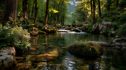 Obraz premium Forest stream water flowing around a mossy rock, creating whirlpools in sunlight. 