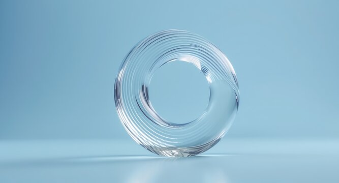 Abstract Clear Glass Torus Ring on Light Blue Background with Reflections and Refractions Modern Minimalist Geometric Transparent Object for Design, Science, and Technology Concepts