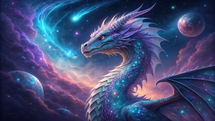 Obraz premium Majestic dragon soaring through a vibrant cosmic nebula