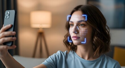 Facial Recognition Technology Woman Using Face ID on Smartphone for Security and Verification