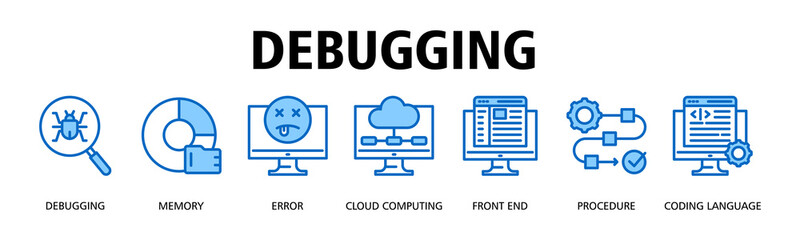Debugging banner web icon vector illustration concept with icon of Debugging, Memory, Error, Cloud Computing, Front End, Procedure, Coding Language
