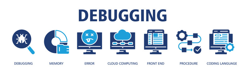 Debugging banner web icon vector illustration concept with icon of Debugging, Memory, Error, Cloud Computing, Front End, Procedure, Coding Language
