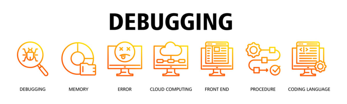 Debugging banner web icon vector illustration concept with icon of Debugging, Memory, Error, Cloud Computing, Front End, Procedure, Coding Language
