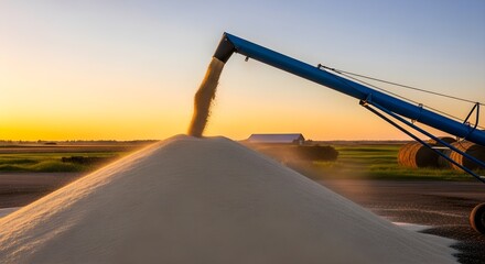 Golden Harvest Grain Pouring from Auger onto Mound at Sunset on Farmland