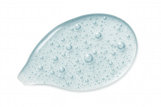 Clear cosmetic gel essence texture with bubbles on transparent background, hydrating serum or skincare product swatch