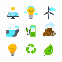 A collection of colorful, flat design icons representing various renewable energy sources and environmental concepts, including solar panels, a smiling light...