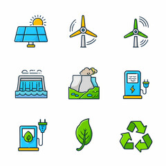 Collection of flat design icons representing various renewable energy sources and environmental concepts, including solar panels, wind turbines, hydroelectri...
