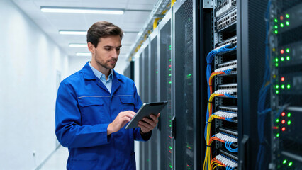 IT technician using a digital tablet while working on a server rack in a data center.