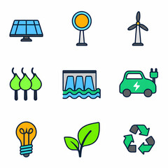 A collection of colorful flat icons representing renewable energy, sustainability, and environmental conservation concepts.