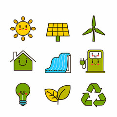 A collection of cute cartoon icons representing renewable energy and environmental conservation concepts.