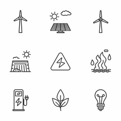 A set of nine linear icons representing various energy sources, electricity, and environmental concepts.