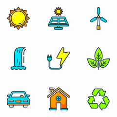 A collection of colorful flat line icons representing renewable energy and environmental concepts.