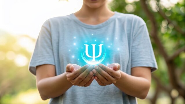 Woman holding glowing psi symbol representing psychology and mental health