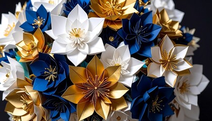 Close-up of a bouquet, featuring handmade flowers in varied hues