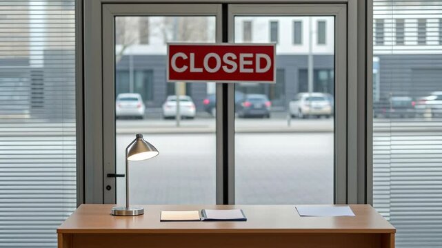 Closed sign visible in a shop window with a desk and lamp inside.