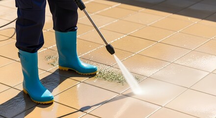 Fototapeta premium Cleaning Outdoor Tiles with High-Pressure Washer Efficient Power Washing on Patio