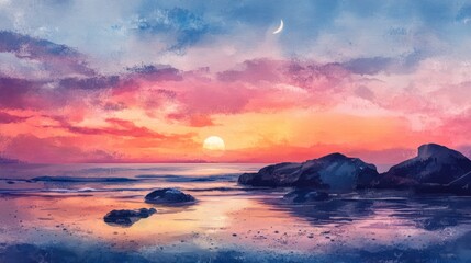 Obraz premium Colorful sunset over ocean rocks; peaceful seascape; digital painting; perfect for backgrounds, wallpapers, nature lovers