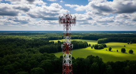 Telecommunications Tower Ascends Over Green Fields and Forests Under Cloudy Blue Sky