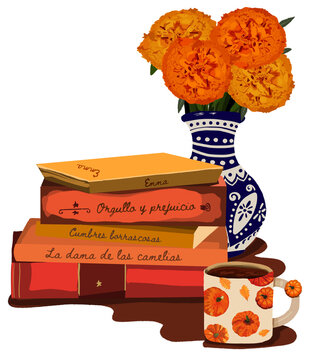 Pila de libros con un florero y una taza de chocolate en tonos anaranjados