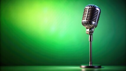 A microphone stands upright on a metal stanchion, set against a vibrant green background with subtle gradient effects, instrument, stanchion