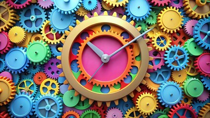 Colorful cartoon clock with gears and cogs moving swiftly around it, clocks, movement,  clocks, movement