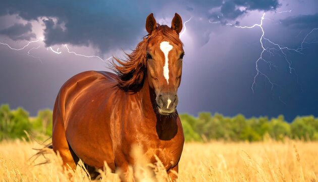Majestic brown horse in a golden field with lightning backdrop