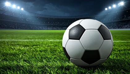 Exciting soccer match atmosphere with stadium lights shining on the lush green field and ball, perfect for sports promotions and event coverage