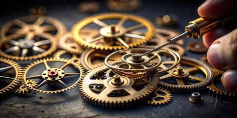 Intricate gears whirring softly against a dark background as skilled hands assemble a watch mechanism, timeless precision, gearwork