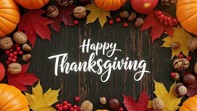 A unique and rustic top view flat lay composition of a beautiful Thanksgiving frame with pumpkins, autumn leaves, apples and nuts surrounding a happy thanksgiving text on a dark wooden background.
