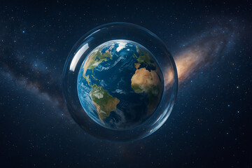 Obraz premium crystal glass sphere containing Earth, surrounded by a glowing cosmic universe background.