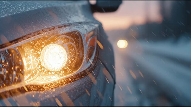 Frozen Journey: An icy car headlight pierces through a snowy road, illuminating the way forward on a winter day. The image captures the crisp chill and the journey.
