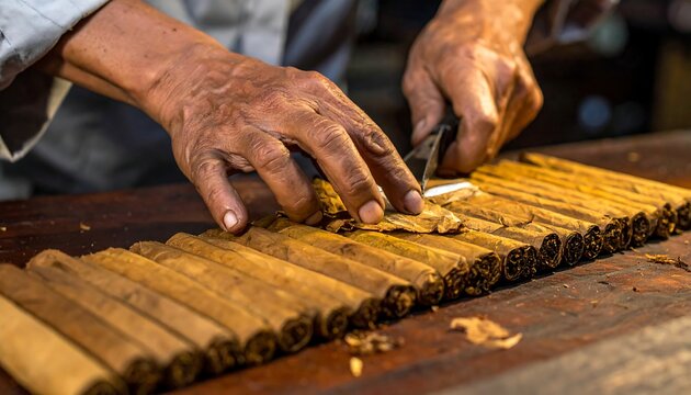 Close-up of hands shaping tobacco leaves into tightly rolled cigars