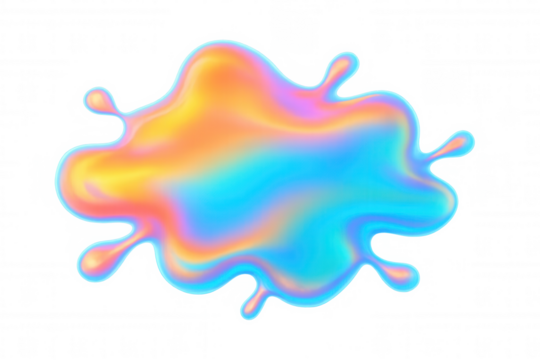 Iridescent holographic liquid splash with vibrant colorful gradient creating abstract viscous blob, transparent background