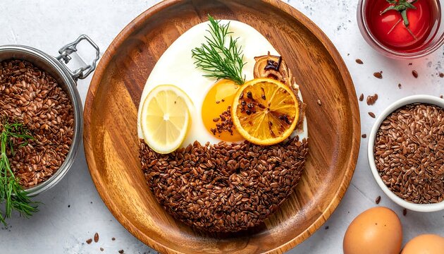 Gourmet egg breakfast, flaxseed bed, lemon, dill, wood plate, and extras