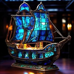 an AI Image Generator, Blue Stained Glass Nautical Ship Lamp Decoration With Sails