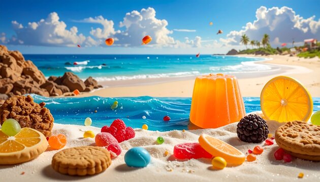 Candy and cookies festoon a beach, with tropical water backdrop