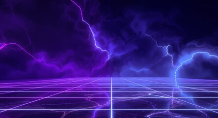 Dynamic Retro-futuristic Grid with Electric Lightning Strikes. Abstract Cyberpunk Landscape Featuring Glowing Neon Lines, Thunderstorm Sky, and Vibrant Purple Blue Light Effects. Digital Sci-Fi B