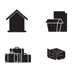 Moving and Technology Icons Black and White Illustration Depicting House Boxes Luggage and VR Headset Representing Relocation Travel and Immersive Experiences