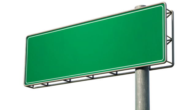 Blank Road Sign: A close-up shot of a blank green road sign, perfect for conveying a message or advertisement, positioned high against the sky and is a call for opportunity.