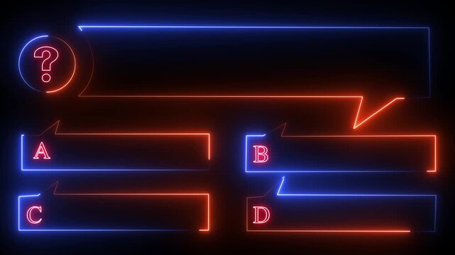 Neon question mark and multiple choice options on dark background.