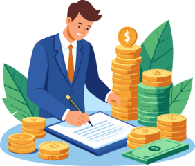 Businessman analyzing finance with coins and paper documents