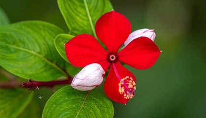 Close-up view of a vibrant red flower with buds and green leaves
